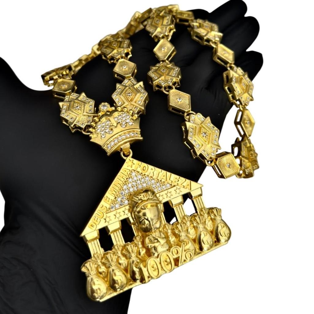 Cordão Gladiador De Moeda Antiga Pingente Chefinho Deus É Minha Fortaleza Cravejado Idêntico ao Ouro em Oferta na Shopee