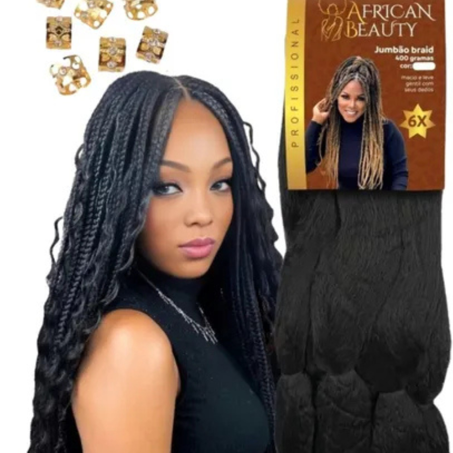 Cabelo Jumbão Tranças  Braid African Beauty Fibra  Orgânica 400 Gramas +Anéis T1 Preto Brilhoso....