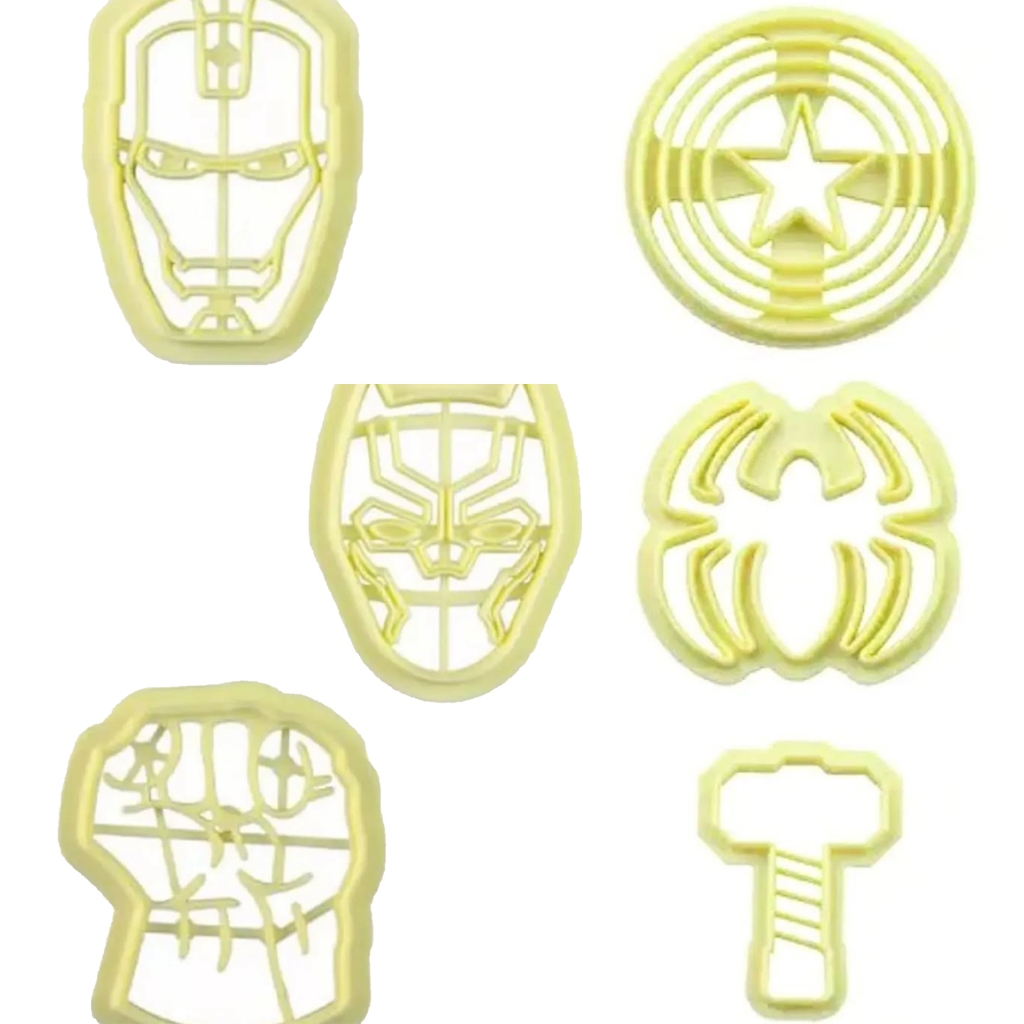 Kit 6 Cortadores Heróis, Capitão América, Homem Aranha, Thor, Homem de Ferro, Hulk, Pantera Negra