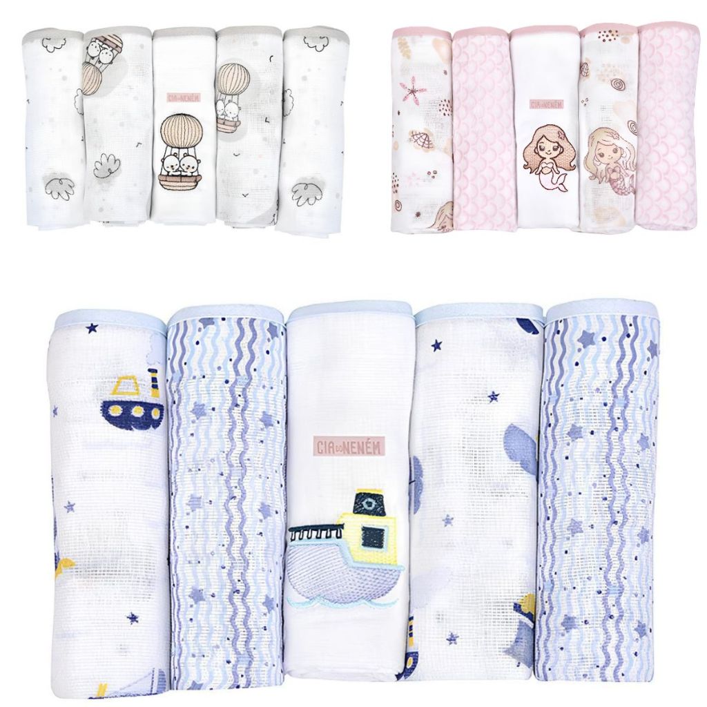 Fralda Bordada Bebê de Ombro 70x68cm Kit 5 Un. Com Bainha Cia do Neném - Minasrey em Oferta na Shopee