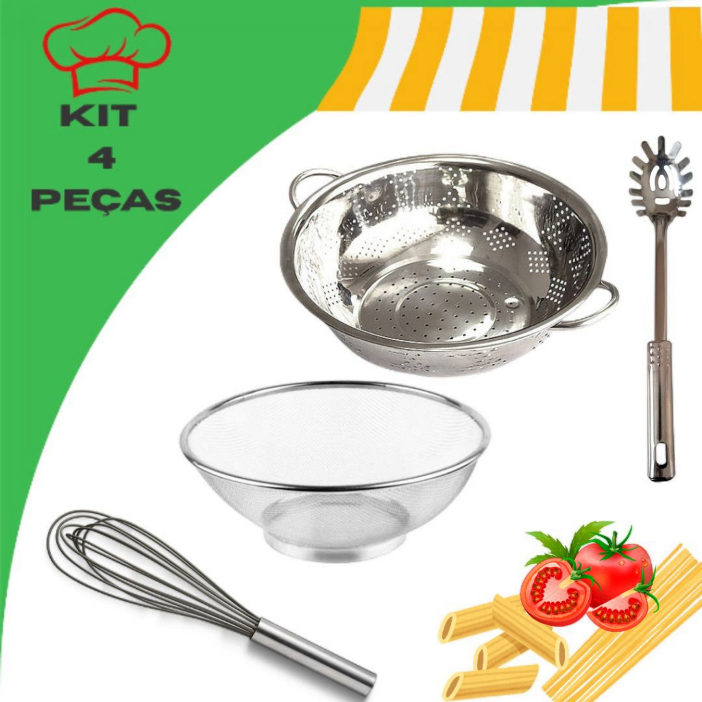Kit 4 Peças Inox c/ Escorredor de Macarrão + Escorredor de Arroz+ Fuê Batedor + Pegador  de Macarrão
