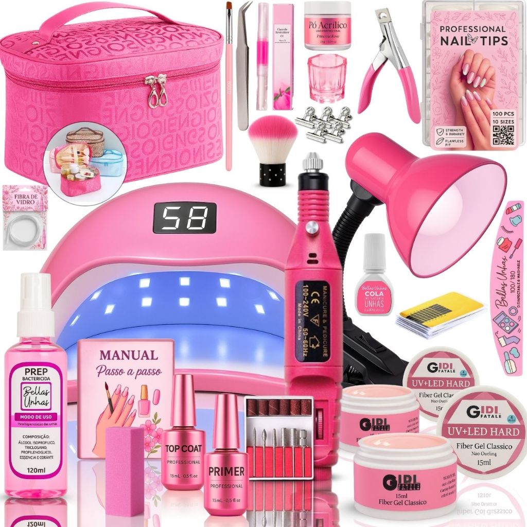 Kit Alongamento Unha em Gel Acrigel Completo Com Luminária Profissional - Super Promoção