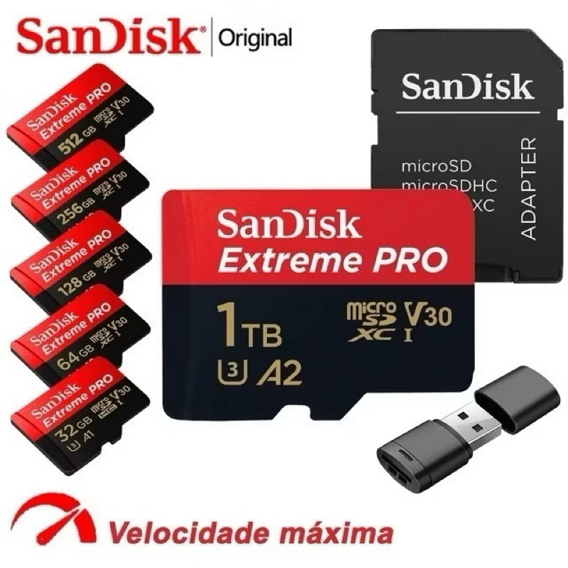 Cartão De Memória para Celular, Câmeras de Segurança, GoPro Micro SD 128GB 256GB 512GB 1TB Cartão A2