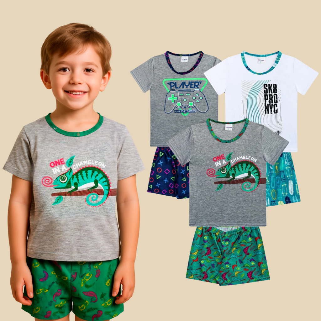 Kit Sortido 4 Pijamas Sortidos 4 Camisetas + 4 Bermudas Masculino/Menino Infantil Verão 3 ao 16