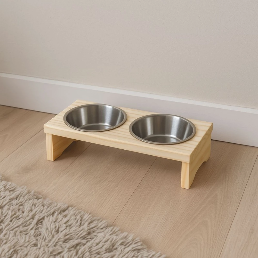 Comedouro e Bebedouro Madeira Pinus e Aluminio pra Cachorro ou Gato