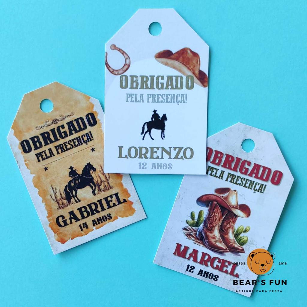 TAG Lembrancinha Boiadeiro Cowboy  • Cartão Agradecimento com Nome e Idade • Festa • Aniversário • Personalizados