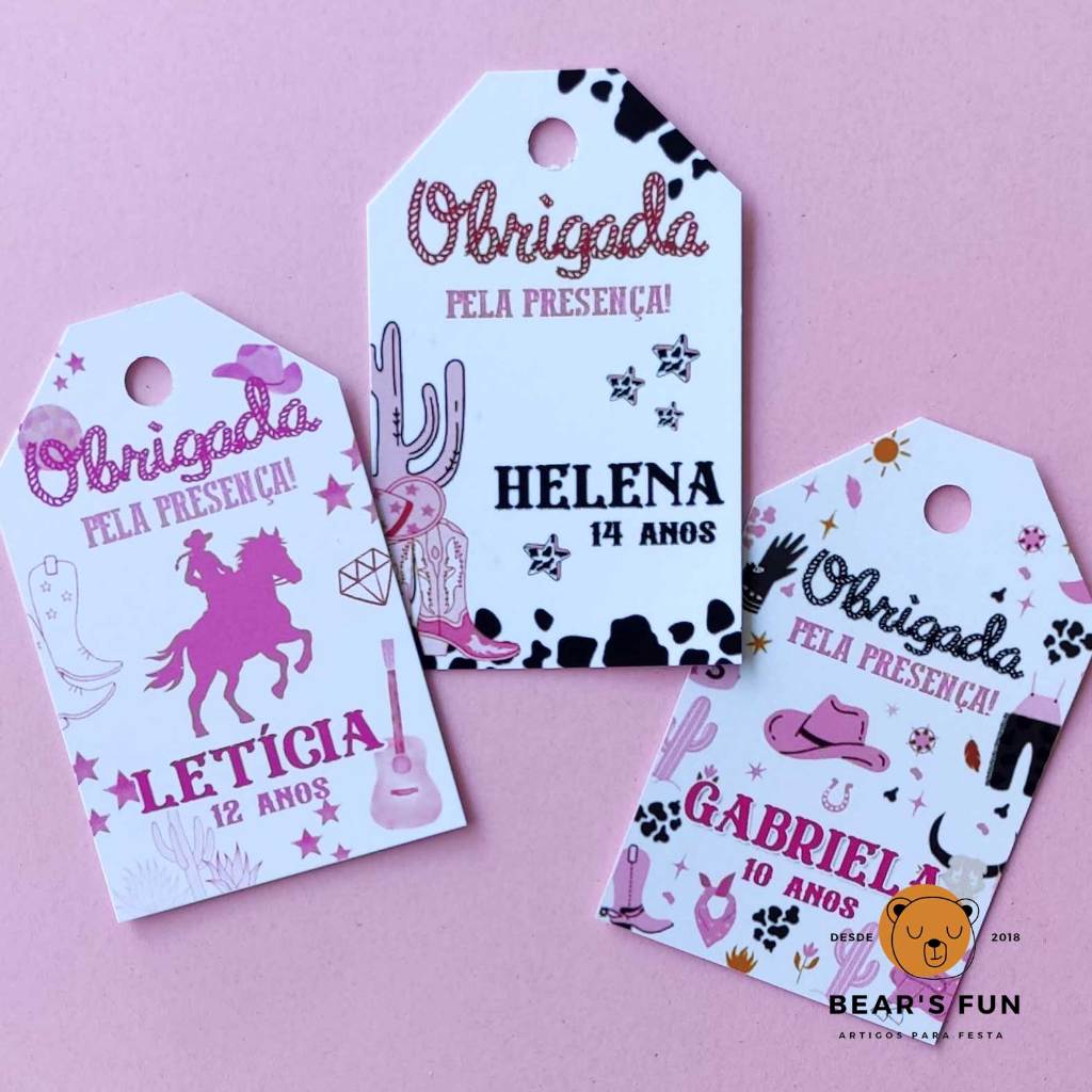 TAG Lembrancinha Boiadeira Cowgirl • Cartão Agradecimento com Nome e Idade • Festa • Aniversário • Personalizados