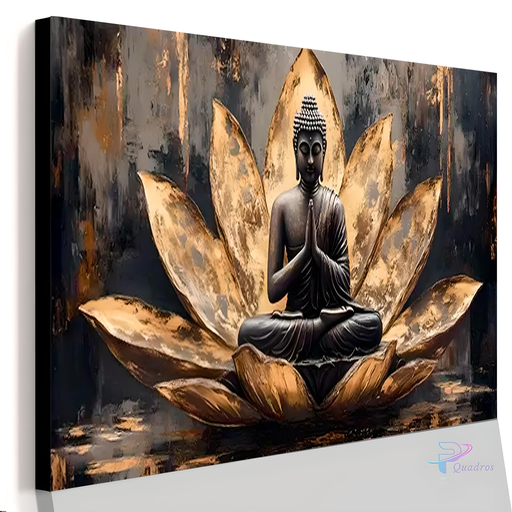 Quadro Decorativo Buda Meditação Sentado Gold Marrom Casa Sala Quarto Decoração Hall