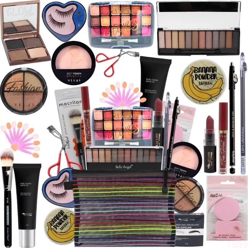 MEGA KIT MAQUIAGEM 50 ITENS!! COMBO ATACADO BOX SUPER PREMIUM REVENDA PRESENTE - BASE, PÓ, CORRETIVO, BATOM