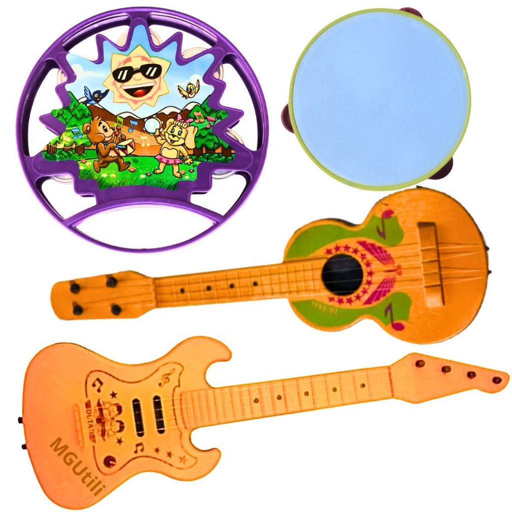 Kit 4 Instrumentos Viola Pandeiro Brinquedo Infantil Guitarrinha Prenda Junina Menino Menina
