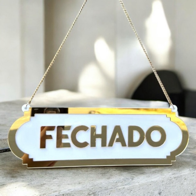 Placa Aberto e Fechado em Acrílico Espelhado Placa de Sinalização Dupla Face Com Corrente e Ventosa