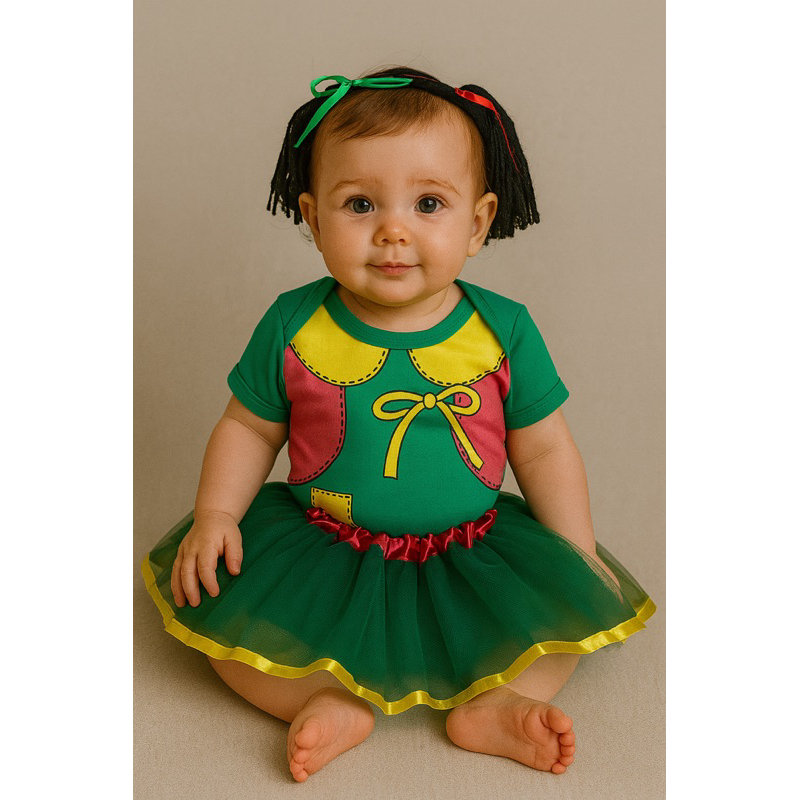 Fantasia Chiquinha Bebê Body com Saia de Tule e Tiara Trança Festa Junina Ensaio Fotográfico Infantil
