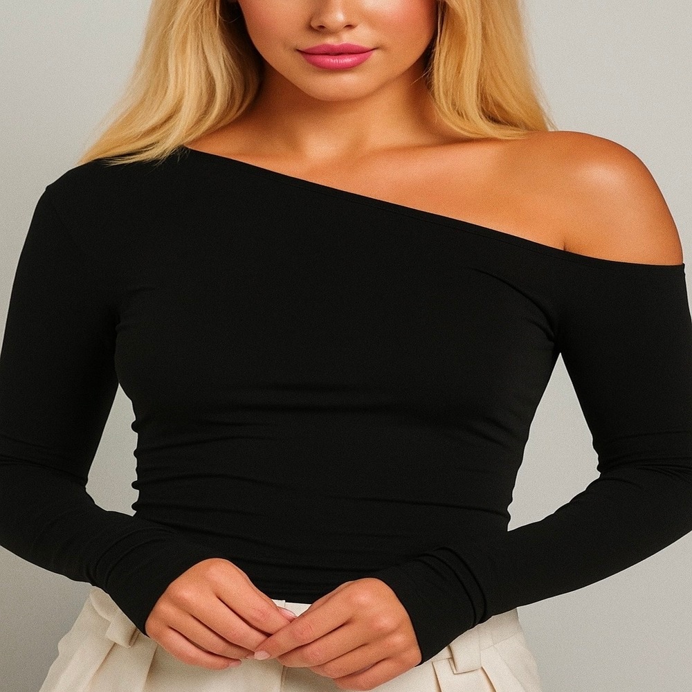 Blusa Feminina Manga Longa Canelada Decote Assimétrica Gola Canoa Ombro a Ombro Básica