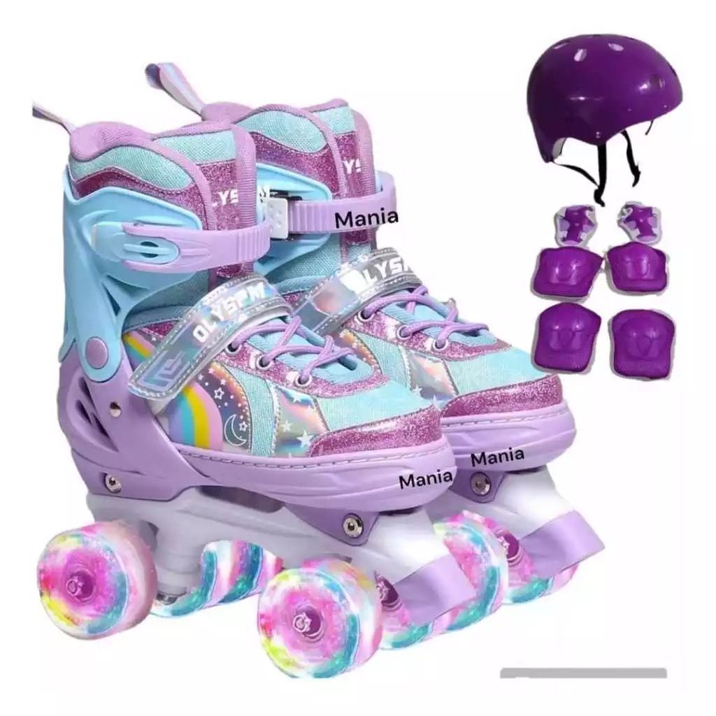 Patins Infantil 4 Rodas Menina ARCO IRIS Com Luz De Led Patins COM Kit Proteção Menino Pro...