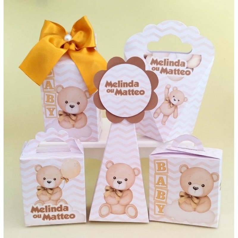 Kit 50 Caixas Ursinho Dourado Personalizadas Lembrancinhas Aniversário Chá Bebê Fralda Revelação Pegue e Monte