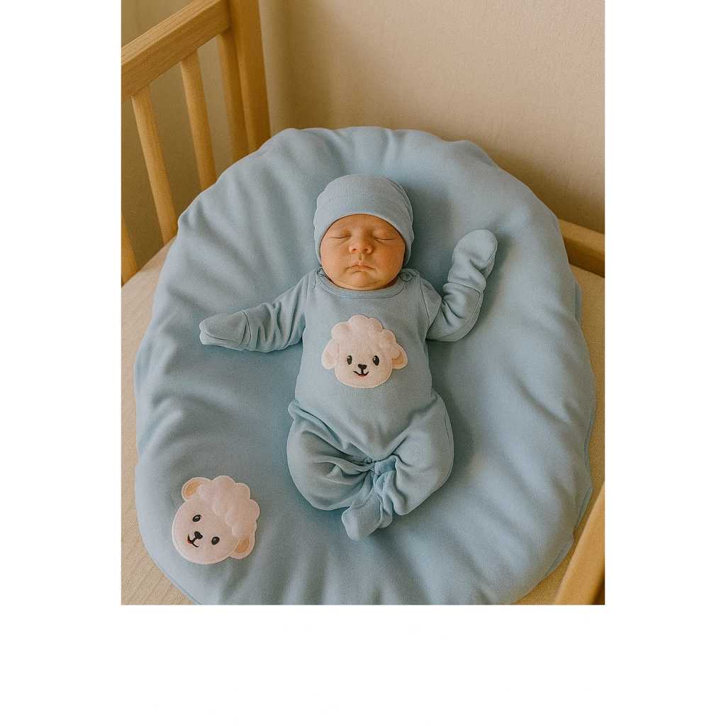 Saída Maternidade Para Menino Azul Bebê 100% Algodão com Ovelhinha 3D Pelúcia  – Macacão + Manta + Touca + Luvas