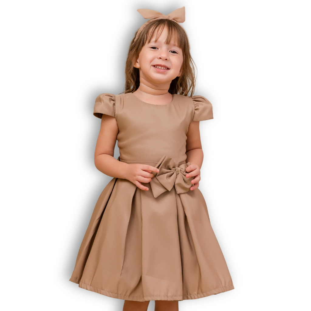Vestido Infantil Menina bege Liso Com Laço Rodado Para Festa em Oferta na Shopee