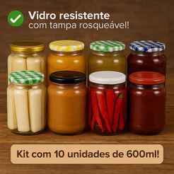 Kit 10 Potes de Vidro 600ml com Tampa – Conserva, Palmito, Doces, Frutas|Pote Hermético Reutilizável