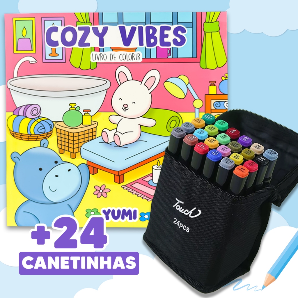 Kit Livro De Colorir Cozy Vibes Goods + Canetinhas Canetas Touch Coloridas Ponta Dupla em Oferta na Shopee
