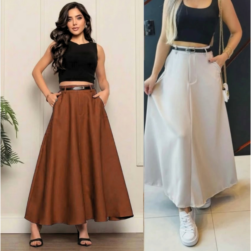 Saia Longa Feminina Alfaiataria Moda Evangélica Casual Básica Inverno Cintura Alta Com Cinto em Oferta na Shopee
