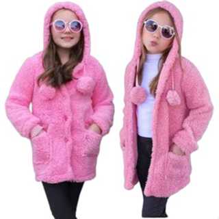 Casaco Infantil Menina Teddy com Capuz e Pompons – Inverno Quentinho Frio (Tamanhos 2 ao 16) em Oferta na Shopee