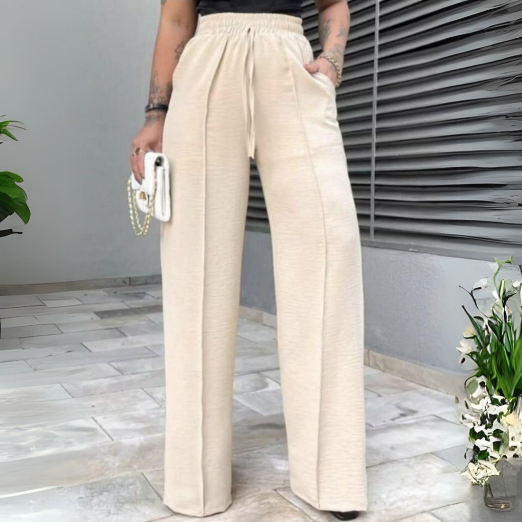 Calça Feminina Pantalona Wide Duna com Bolso Cintura Alta com Elástico Tendência Estiloso