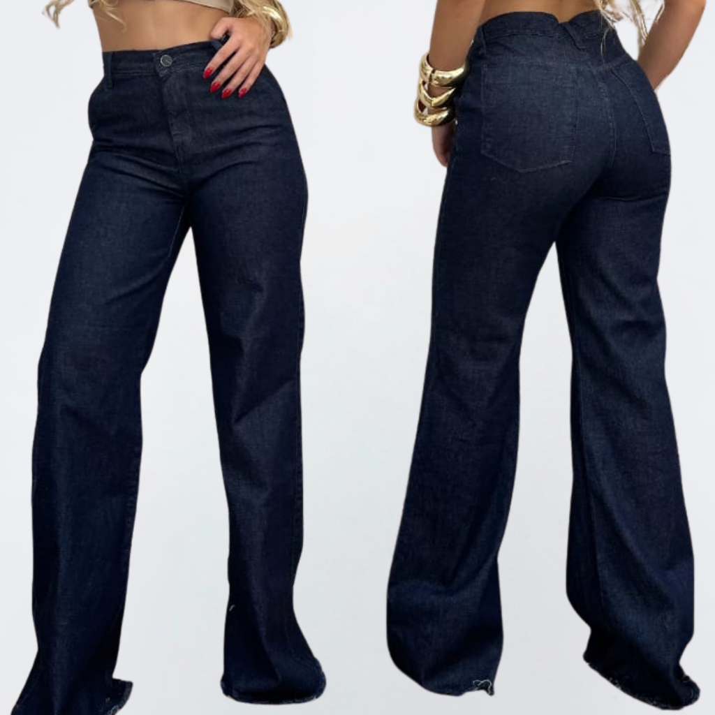 Calça Jeans Feminina Wide Leg Pantalona Cintura Alta 100% Algodão Cós Alto Premium
