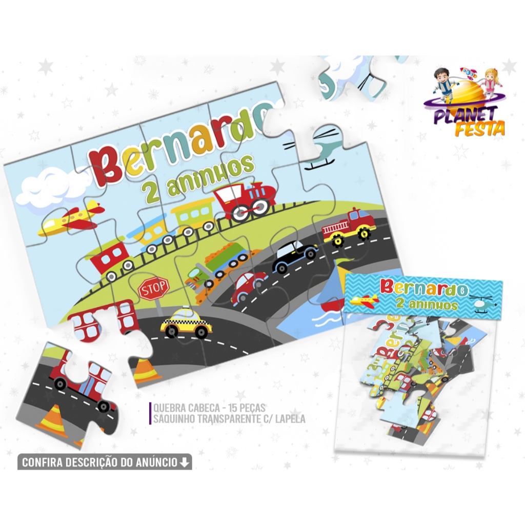 Quebra-Cabeça Personalizado Meios de Transporte | Lembrancinha de Aniversário 15 Peças