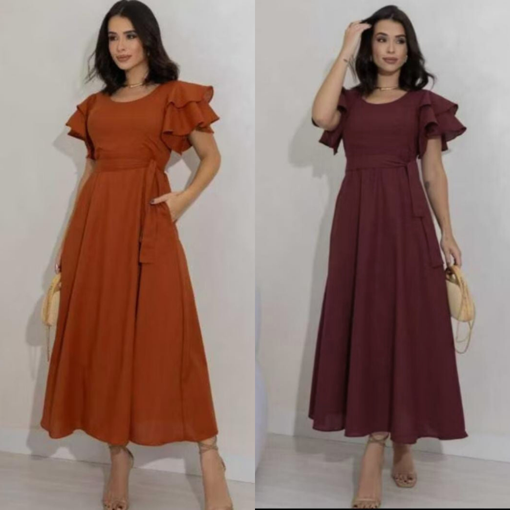 Vestido  Feminino mídi Luxo  Elegante  longo duna linho  con elastex nas costas moda evangélica  M/G em Oferta na Shopee