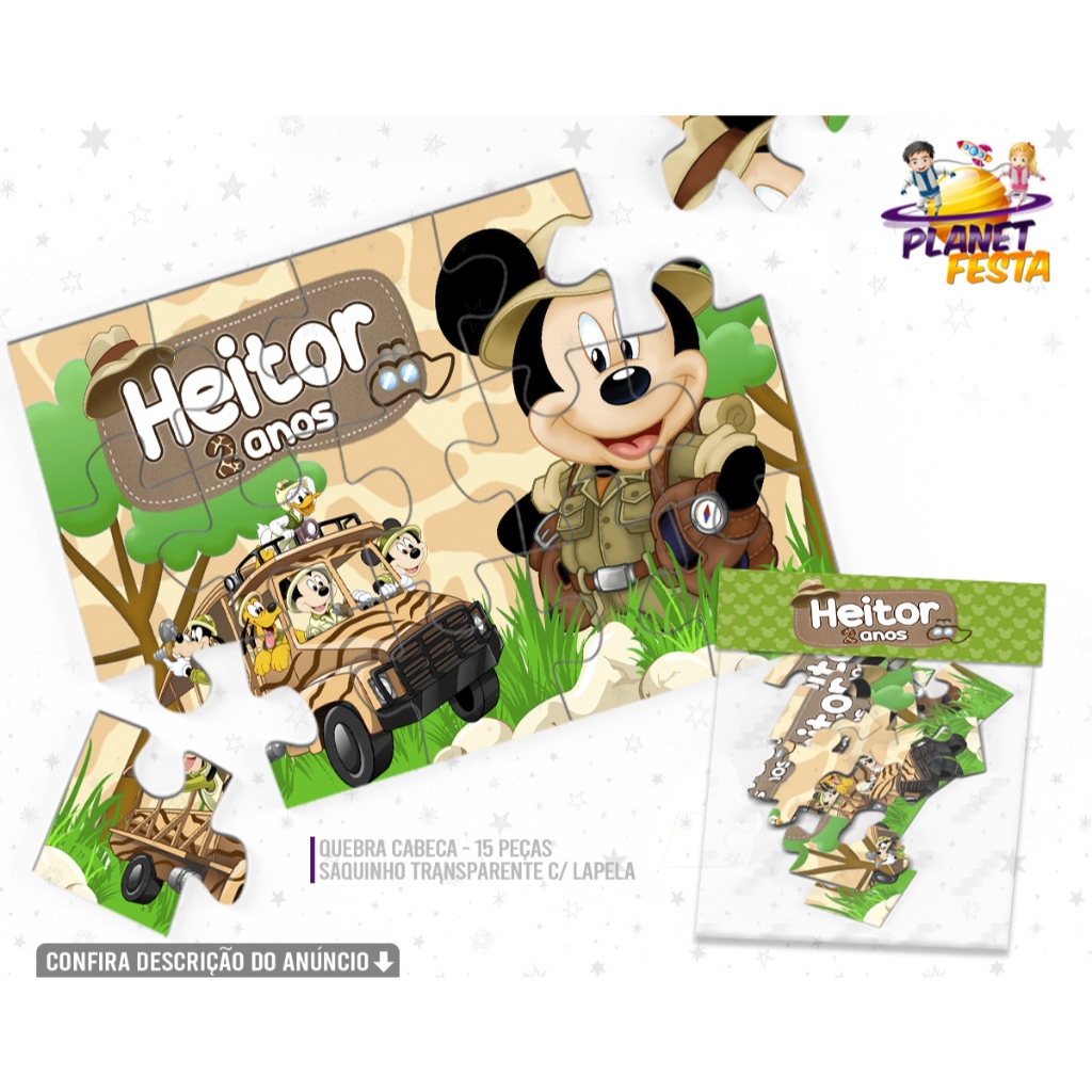 Quebra-Cabeça Personalizado Mickey Safari | Lembrancinha de Aniversário 15 Peças