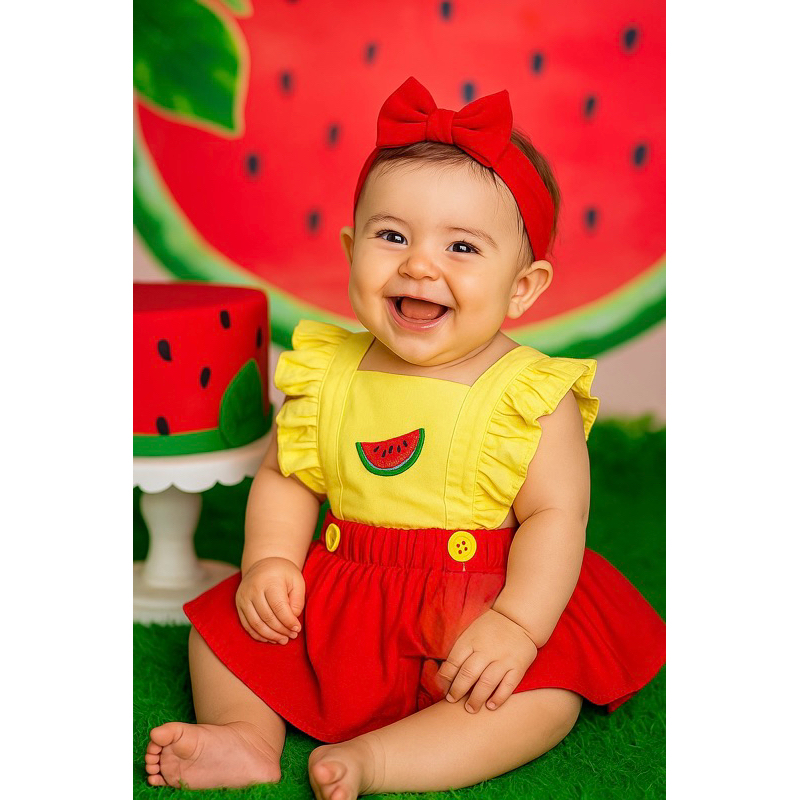 Jardineira Romper Body Melancia + Faixa de Cabelo em Oferta na Shopee