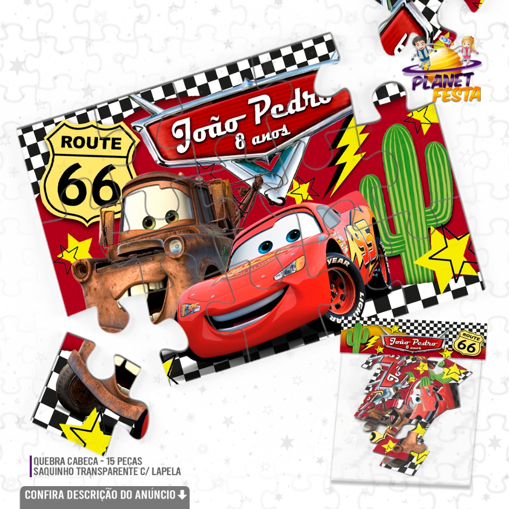 Quebra-Cabeça Personalizado Tema Carros Disney Relâmpago McQueen | Lembrancinha de Aniversário 15 Peças