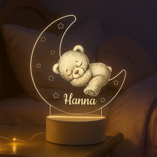 Luminária Lua e Urso Personalizada com Nome LED 7 Cores RGB, Abajur Acrílico, Quarto de Bebê, Presente