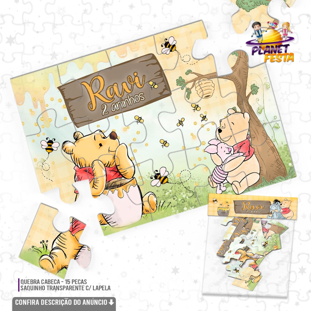 Quebra-Cabeça Personalizado Ursinho Pooh | Lembrancinha de Aniversário 15 Peças