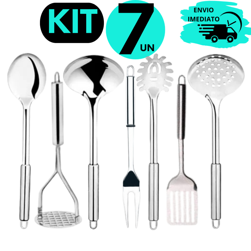 Conjunto de Utensilio Para Cozinha Essencial em Inox Concha Escumadeira Amassador de Batata Colher