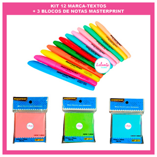 Kit 12 Marca Texto (6 Neon + 6 Pastel) + 3 Blocos Notas Adesivo Marcador de Páginas MASTERPRINT em Oferta na Shopee