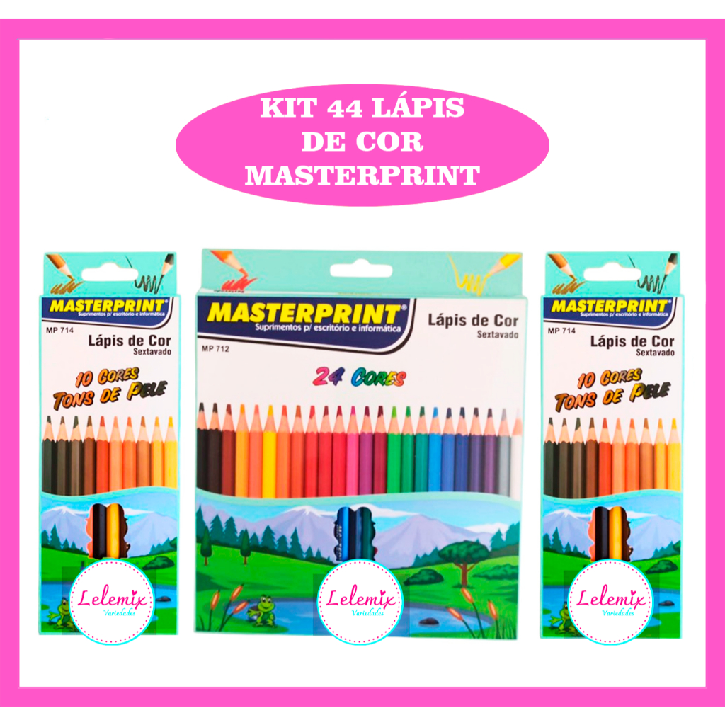 Kit 44 Lápis de Cor (24 CORES + 10 Cores Tom Pastel +10 Tom de Pele) Escolar Sextavado Masterprint