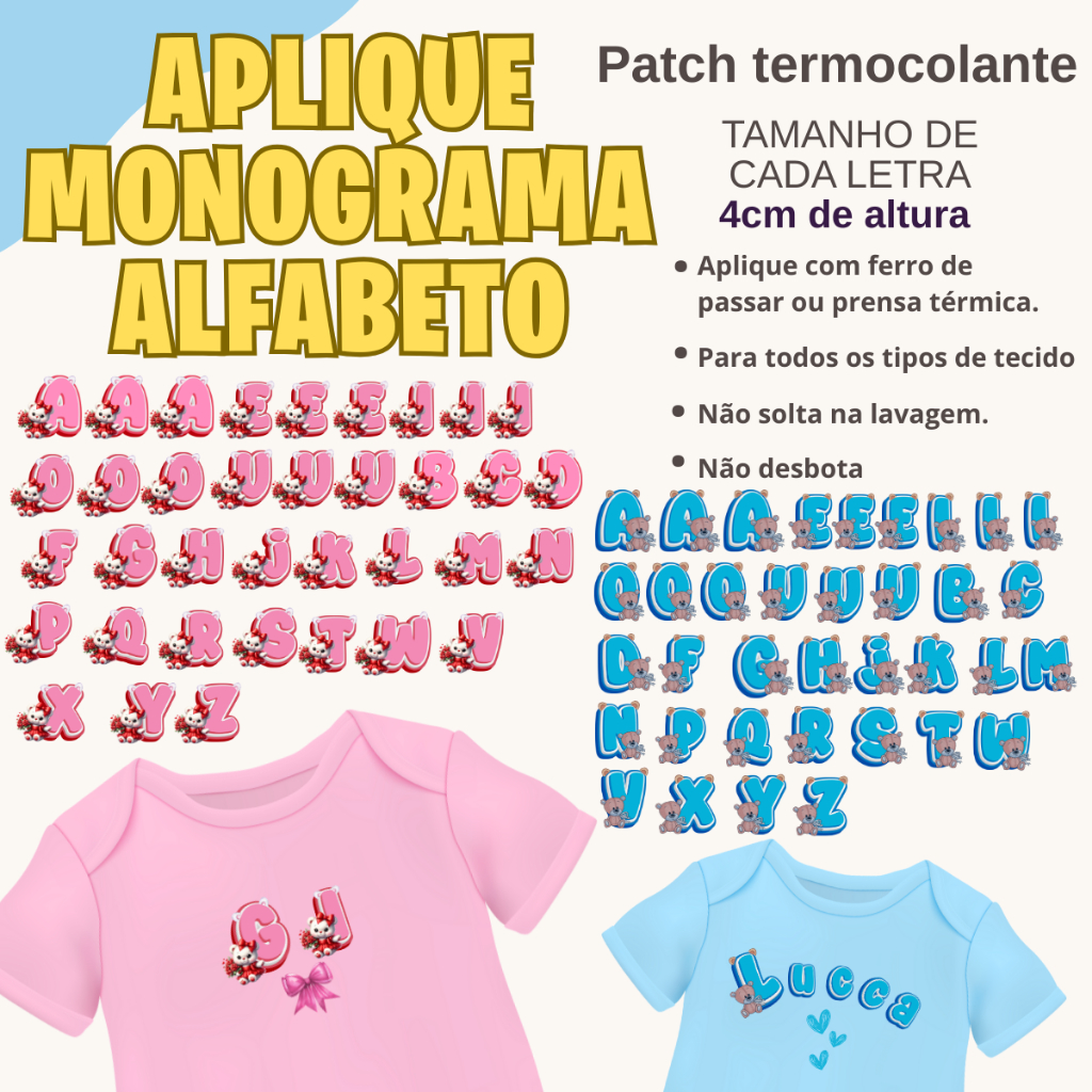 Alfabeto Termocolante para Tecidos Letras Patch Personalizadas Aplique Fácil em Roupas Bolsas Mochilas, Fraldas de Boca