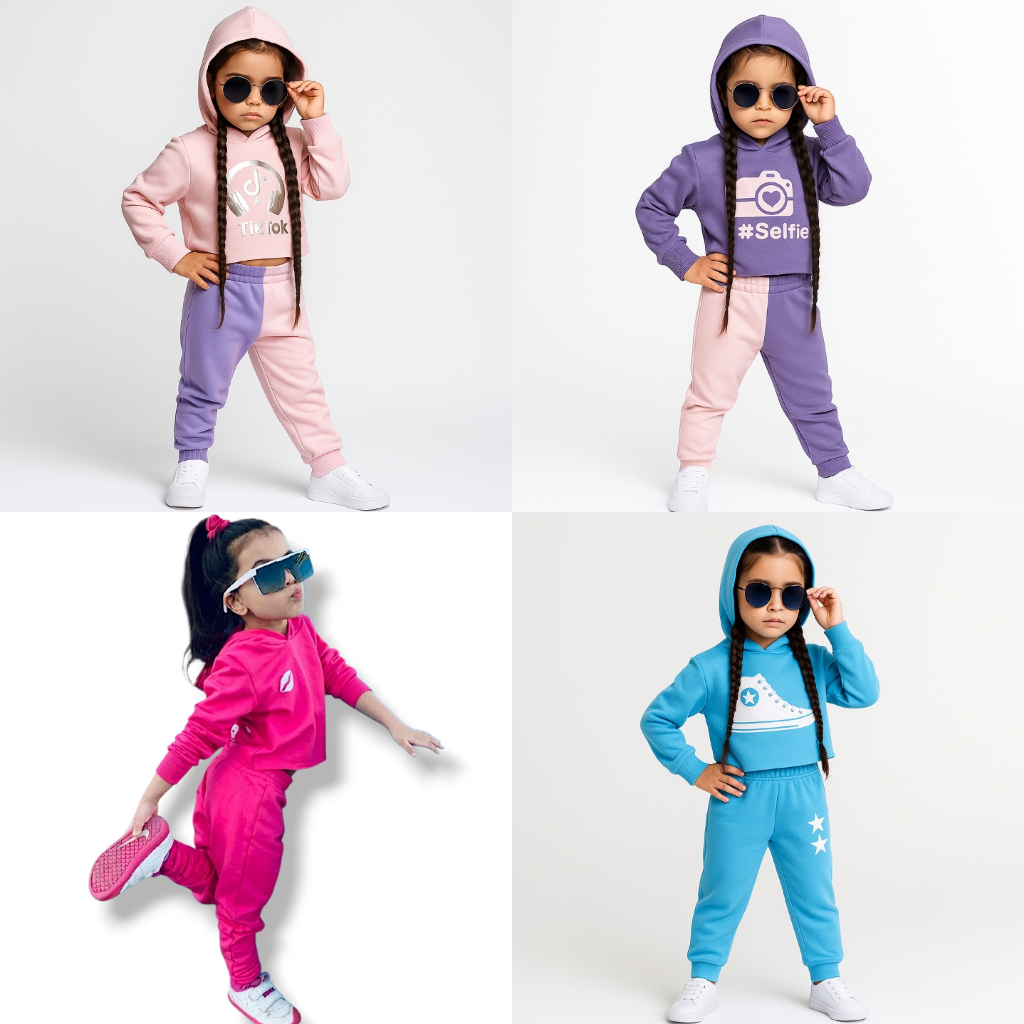 Moletom Infantil Menina Conjunto Bebê Inverno Blogueirinha Flanelado Com Capuz Cores PROMOÇÃO