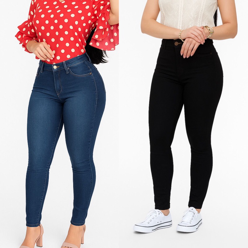 2 Calça Jeans Feminina com elastano cintura alta Skinny em Oferta na Shopee