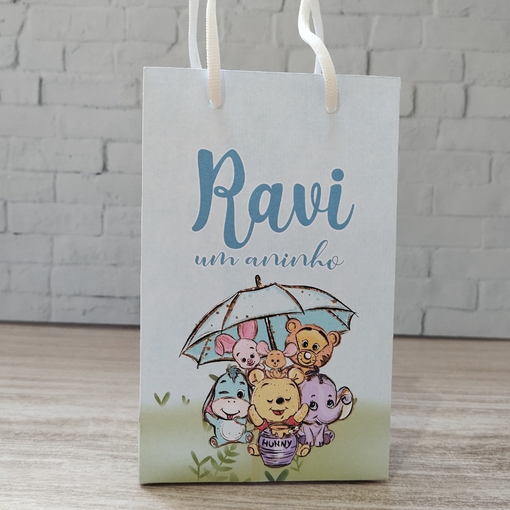 Sacolinha Ursinho Pooh Aquarela Personalizada | Lembrancinha Festa Infantil - PEGUE E MONTE