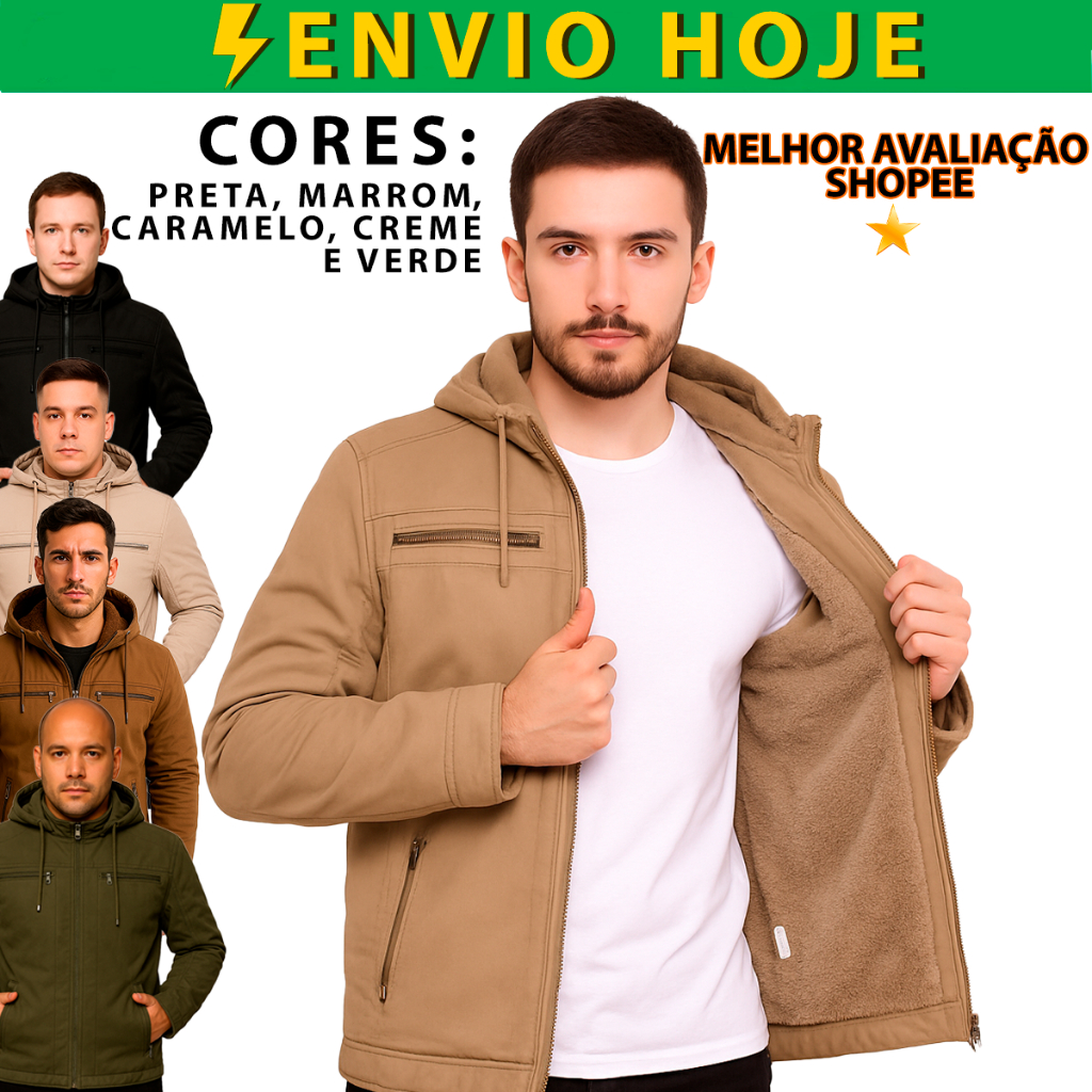 Jaqueta Masculina Sarja Com Capuz Forrada Peluciada Frio Top Preta Marrom Bege Verde