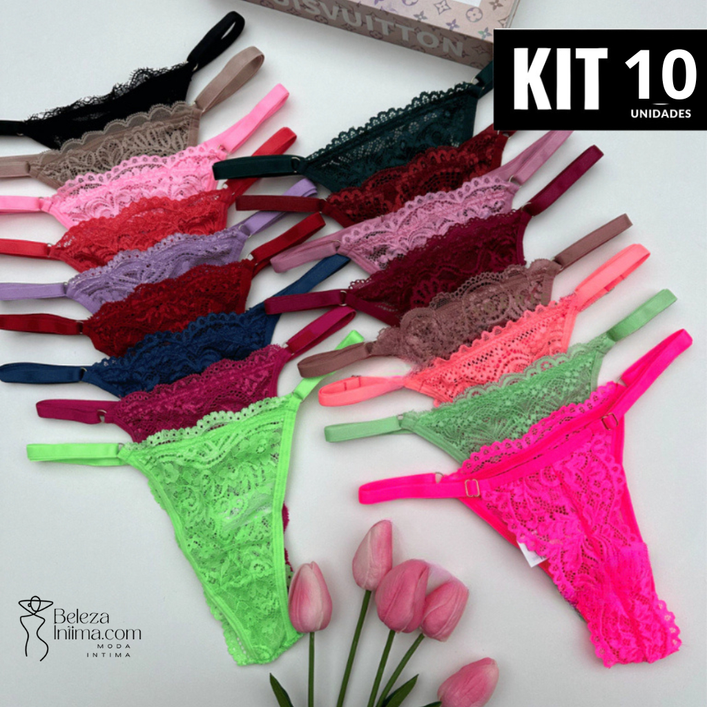 Kit 10 Calcinhas Renda Lingerie com Regulagem Luxo Fio Dental Sexy Feminina Sensual Moda Intima