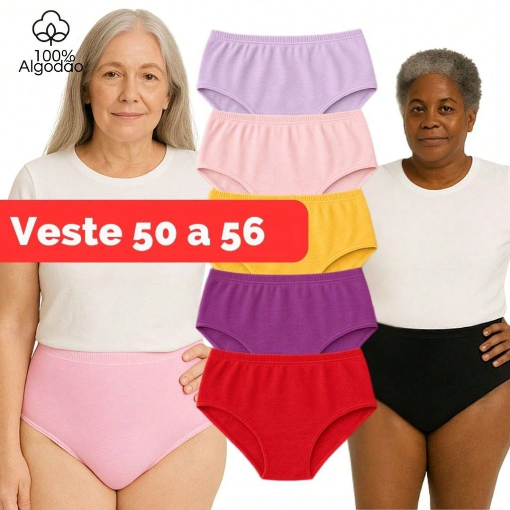 Kit 5 Calcinha Grande Senhoras Plus Size 100% Algodão Calçola Tecido Antialergico Calcinha da Vovo Elastico Rebatido em Oferta na Shopee