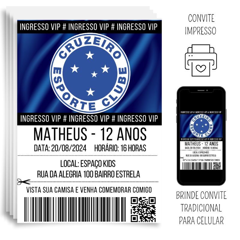 CONVITE IMPRESSO PERSONALIZADO 14x10cm - CRUZEIRO (INGRESSO)