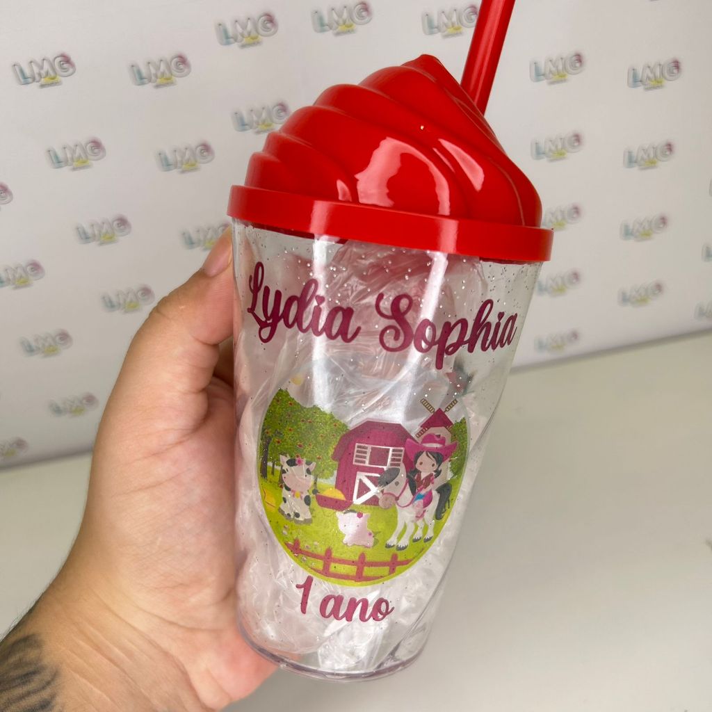 KIT COPOS PERSONALIZADOS 300ML C TAMPA E CANUDO TODOS OS TEMAS FAZENDINHA