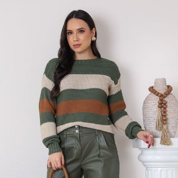 Blusa Feminina de Frio Listrada de Tricot Lã Premium Manga Longa Gola Redonda Lançamento I...