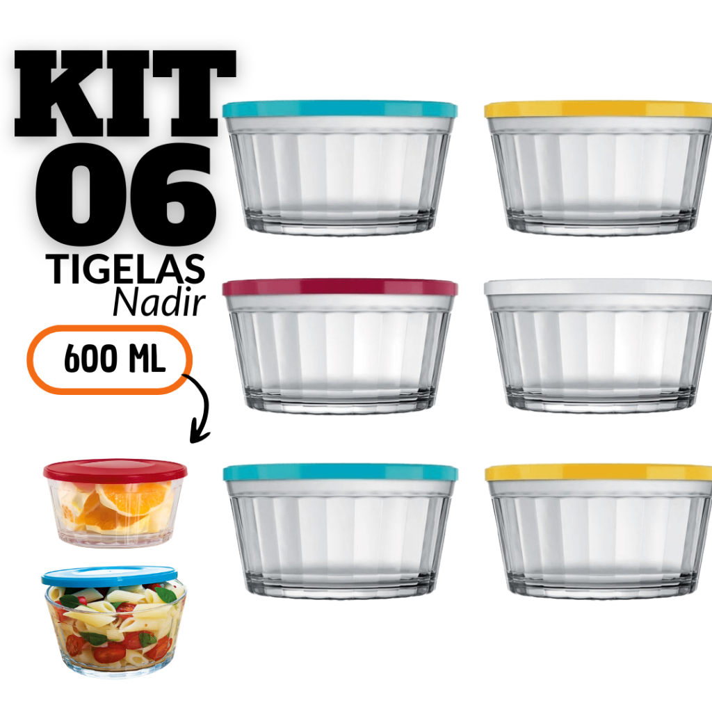 Kit 6 Tigela De Vidro 600 ml Nadir Com Tampa Cores Sortidas em Oferta na Shopee