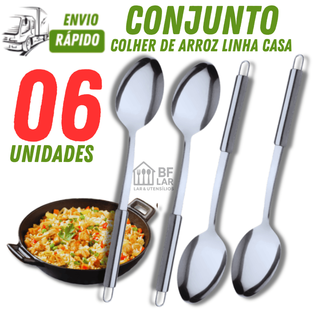 KIT 06 UNIDADES COLHER DE ARROZ INOX PRATICIDADE ELEGÂNCIA PARA COZINHA VARIÁVEIS UTILIDADES