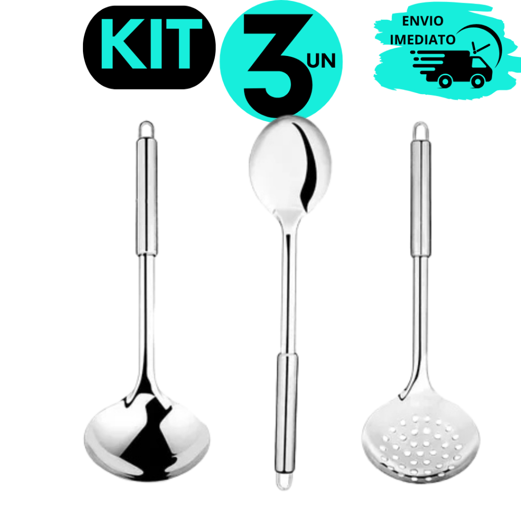 Conjunto de Utensílios Kit 3 Concha Colher de Arroz Escumadeira Grande Inox